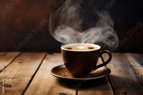 Traditional Coffee Cup With Heart-Shaped Steam On Rustic Wood