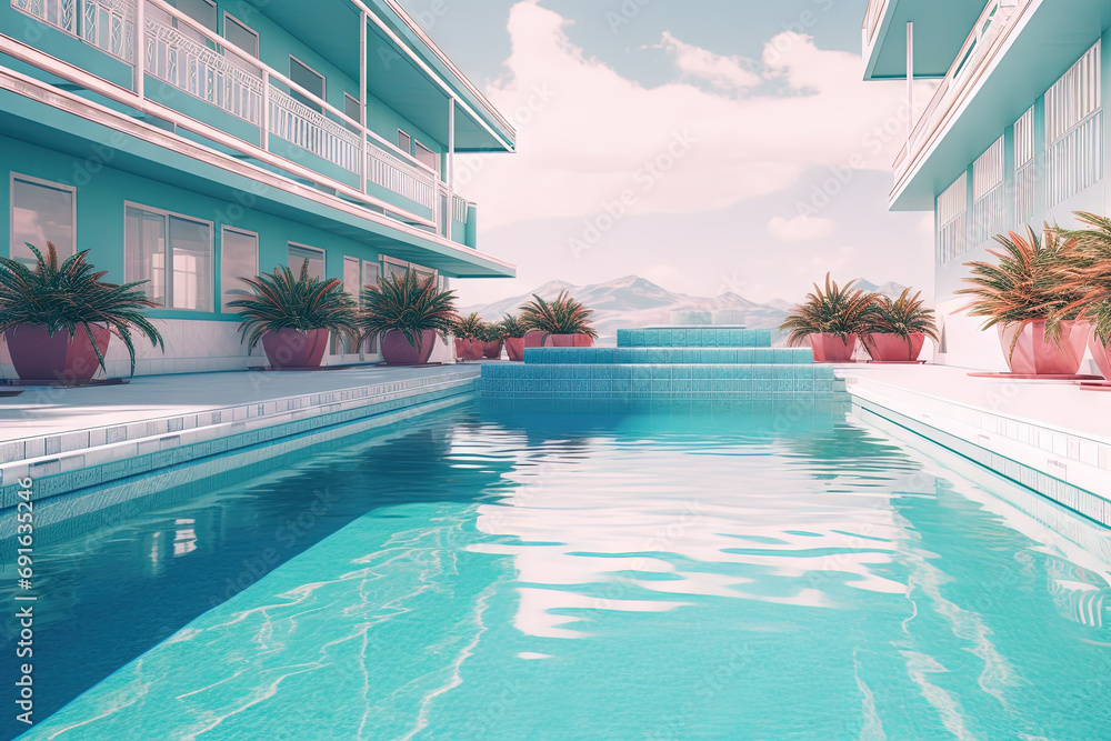 Obraz premium Summer hotel with pool in vaporwave style, pink and blue colors