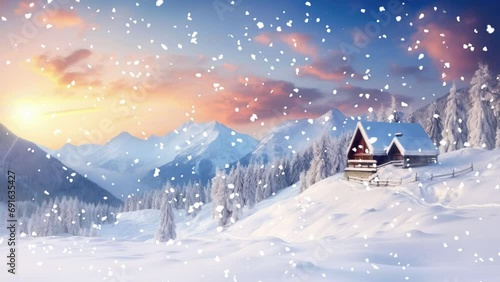 Beautiful landscape of mountains and house in the snow
