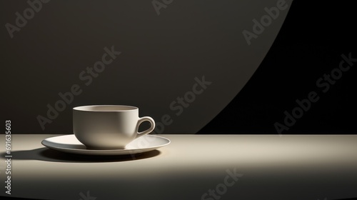  a white cup sitting on top of a saucer on top of a saucer on top of a white table next to a white plate on a black surface.