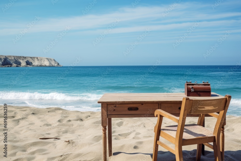 Remote office setup with a desk and chair on a sandy beach, overlooking the sea

