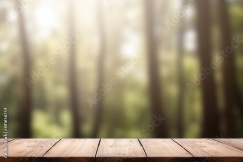 Blurred forest background with a wooden table in focus, ideal for product displays