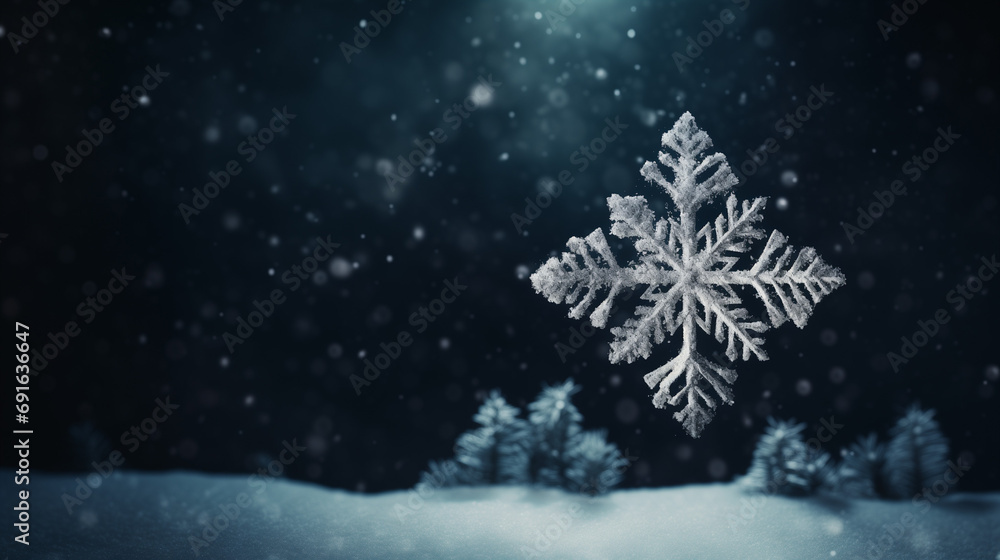 Beautiful snowflake falling on the snow. Dark background in the style of minimalism, dreamy atmosphere Beautiful snowflake falling on the snow. Dark background in the style of minimalism, dreamy atmosphere