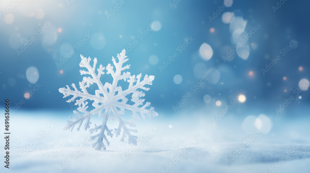 Snowflake in the snow, in the style of dark white and light blue, spectacular backdrops.