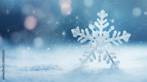 Snowflake in the snow  in the style of dark white and light blue  spectacular backdrops.