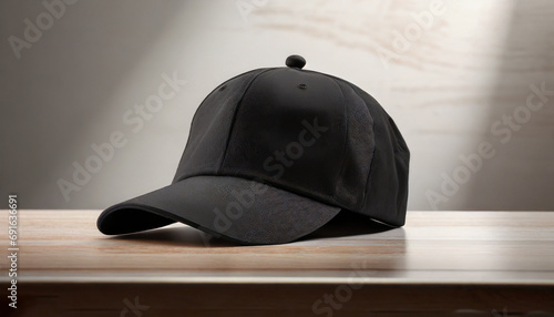 Black cap for adult men on the table. Black baseball cap template