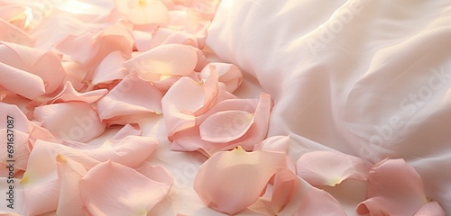 A close-up showcasing the delicate texture of perfectly placed rose petals on a bed. © Riffat