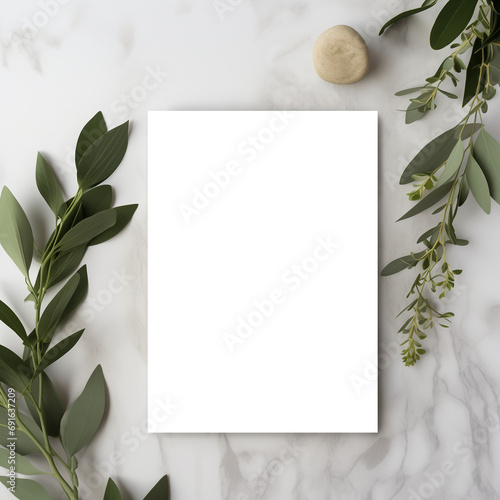 Sleek 5x7 Card Mockup with Olive Branches on Marble Transparent PNG Mockup
