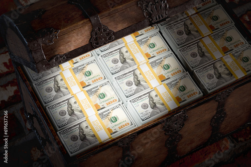 Принти на полотні Flashlight Shining on a Treasure Chest Filled with Millions of Dollars in Cash in a Dark Room
