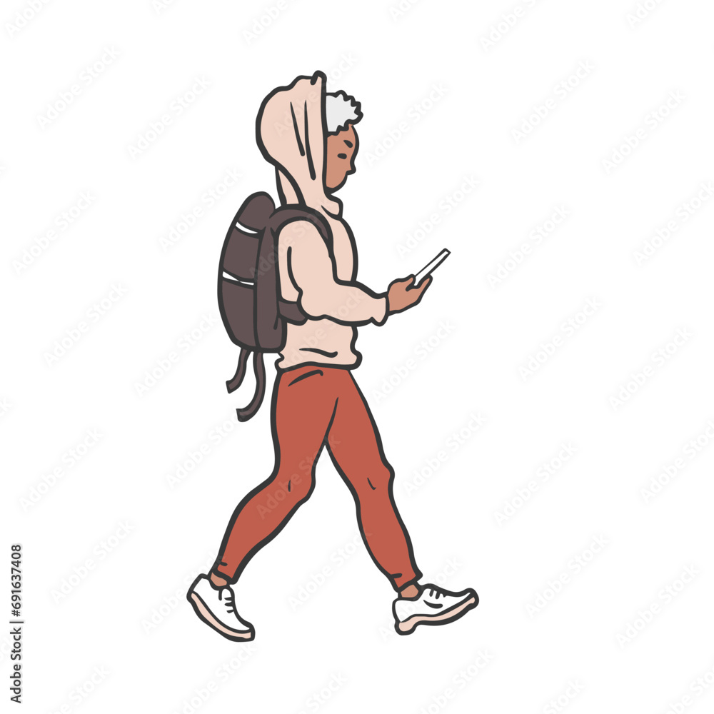 Teen boy with phone. Walking down the street. Flat vector illustration isolated on white background. Hand drawn sketch outline Teen boy with phone. Walking down the street. Flat vector illustration isolated on white background. Hand drawn sketch outline