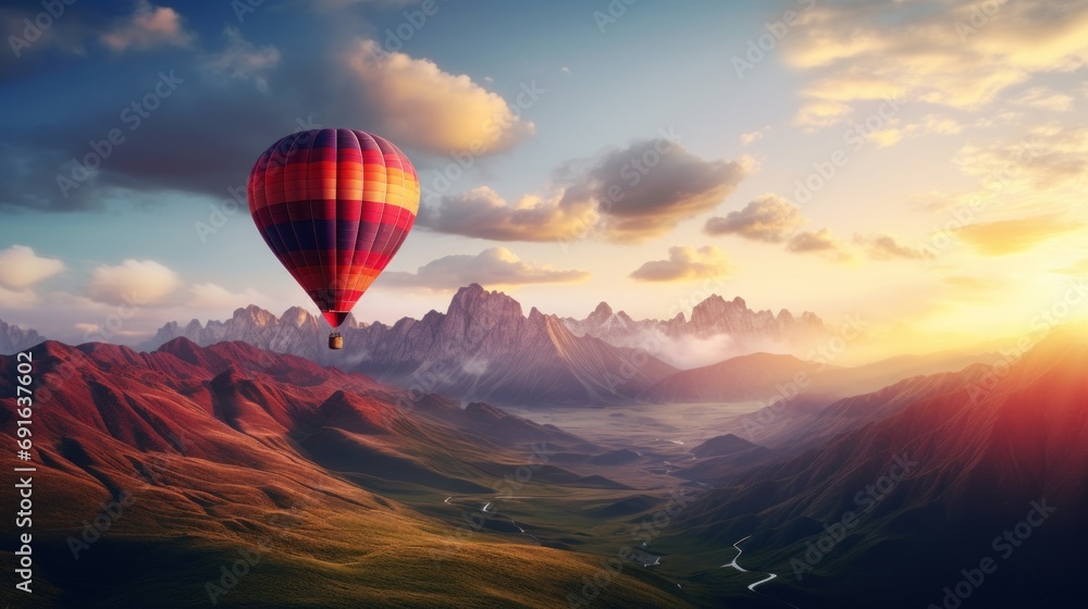  a hot air balloon flying in the sky over a mountain range with a river in the foreground and a river running through the valley in the middle of the foreground.