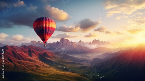  a hot air balloon flying in the sky over a mountain range with a river in the foreground and a river running through the valley in the middle of the foreground. © Anna