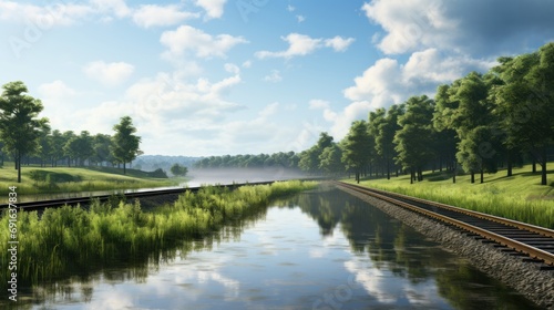  a painting of a train track next to a body of water with trees on both sides of the track and a grassy field on the other side of the track.