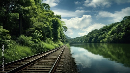  a train track next to a body of water with trees on both sides of it and a sky filled with clouds and trees on the other side of the water.