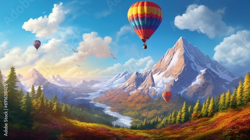  a painting of a mountain scene with a hot air balloon in the sky and a lake in the foreground, and a mountain range in the background with a few birds flying in the foreground.