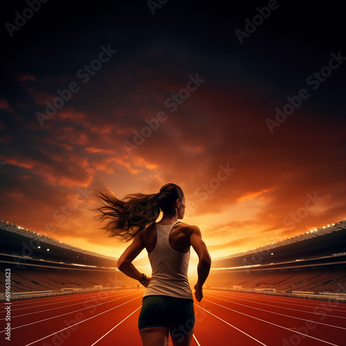 Woman runner in a stadium with copy space (ID: 691638623)