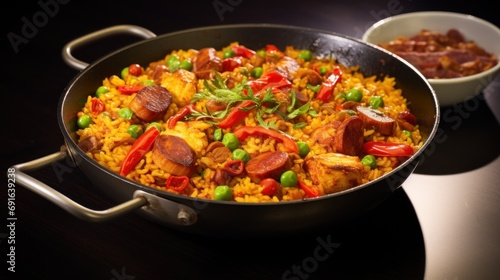  a close up of a pan of food on a table with a bowl of rice and a bowl of meat and vegetables on the side of the pan on the table.