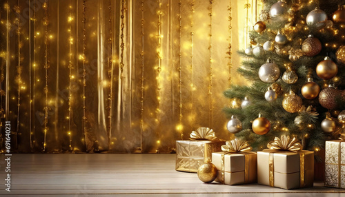 Choinka ze złotymi i srebrnymi bombkami i złote prezenty na złotym tle. Bożonarodzeniowe tło z miejscem na tekst