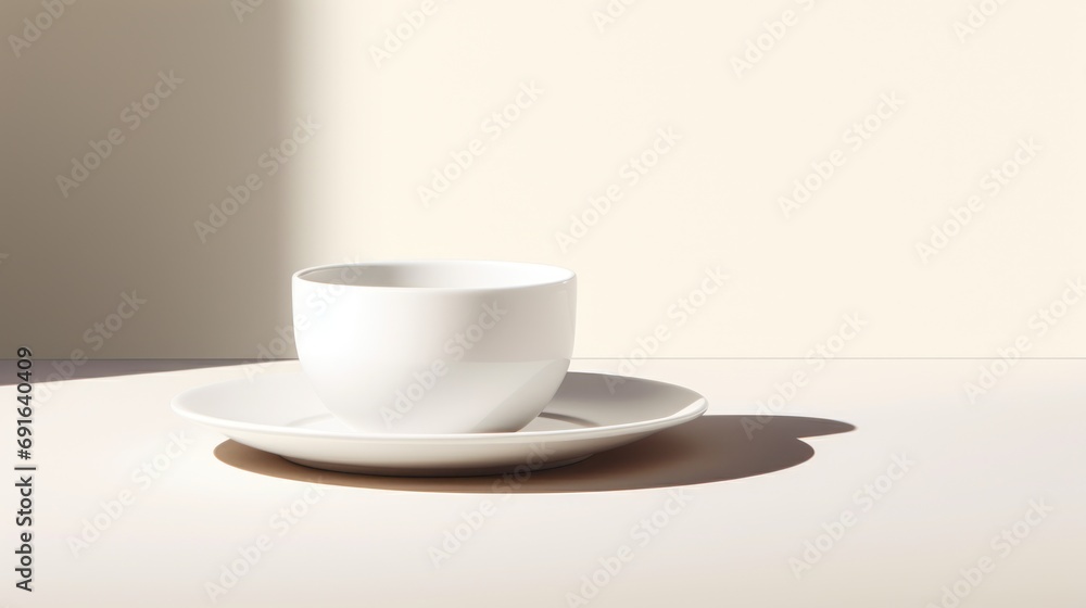 a white coffee cup sitting on top of a saucer on top of a white table next to a white wall and a shadow of a white wall behind it. a white coffee cup sitting on top of a saucer on top of a white table next to a white wall and a shadow of a white wall behind it.