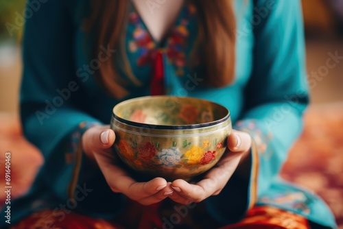 Woman Hands Playing Tibetan Singing Bowl - Translation of mantras : transform your impure body, speech, and mind into the pure exalted body, speech photo