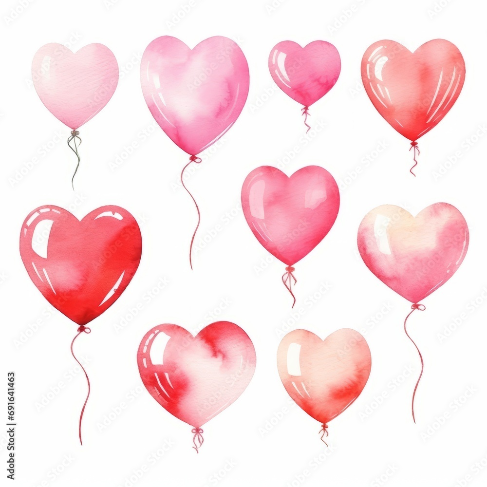 Inflatable red balloons in the shape of hearts drawn with paints in a watercolor style on a white isolated background. Valentine's Day, postcard