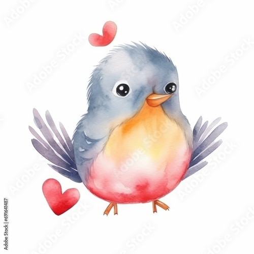 A bird with a heart drawn with paints in a watercolor style on a white isolated background. St. Valentine's Day photo