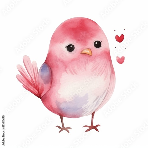A bird with a heart drawn with paints in a watercolor style on a white isolated background. St. Valentine's Day photo