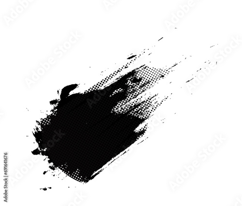 Black paintbrush splattered, abstract rough. Splash ink brush stroke, grunge style, halftone graphic texture. Vector stroke illustration