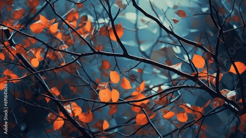 Forest autumn background with branches with orange leaves on atmospheric blue backdrop, selective focus.