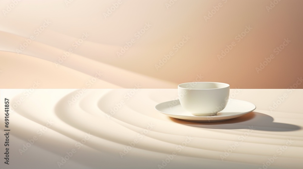 a white coffee cup sitting on top of a saucer on top of a white table next to a brown and white wall and a white plate with a shadow on it. a white coffee cup sitting on top of a saucer on top of a white table next to a brown and white wall and a white plate with a shadow on it.