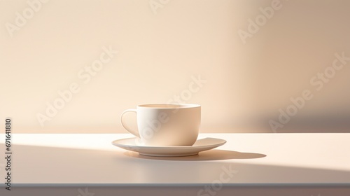 a white coffee cup sitting on top of a saucer on top of a white table with a shadow of the coffee cup on the top of the saucer.