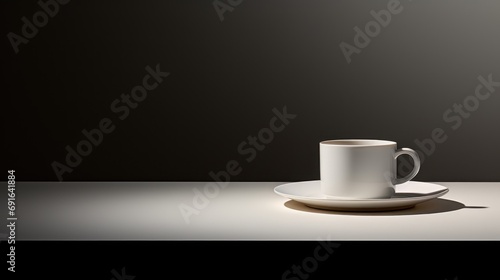  a white coffee cup sitting on top of a saucer next to a white saucer on a white plate on top of a white table with a black background.