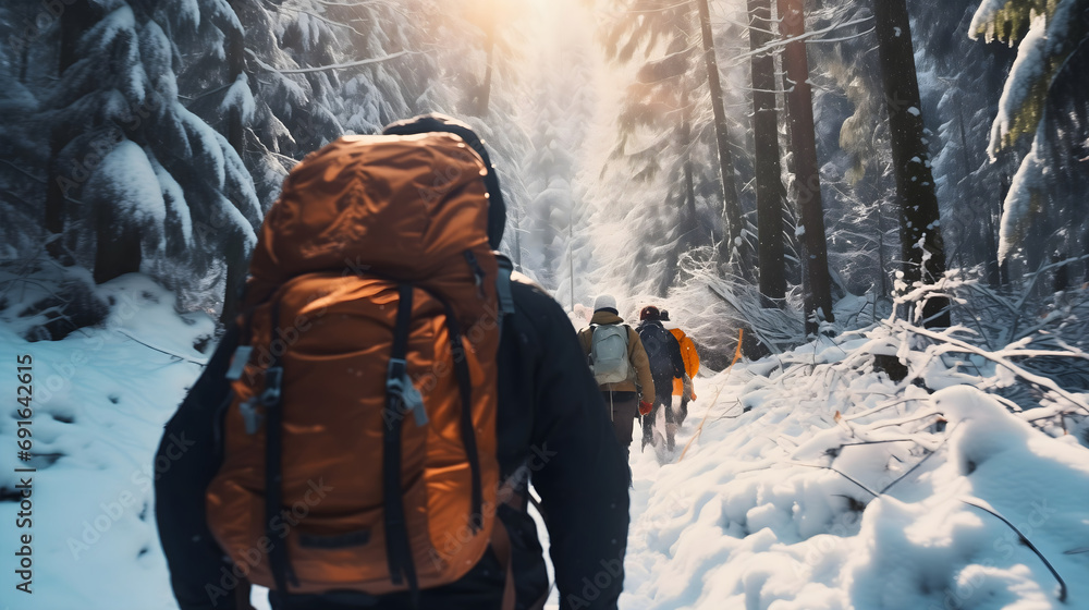 Rearview photography of a group of people wearing jackets and backpacks full of camping and mountaineering equipment, walking in snowy winter forest paths, exploring the wilderness adventures - obrazy, fototapety, plakaty 