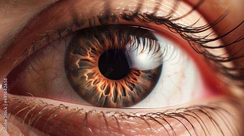  a close up of a person's eye showing the iris of a brown eye with long eyelashes and a black circle in the center of the iris of the eye.