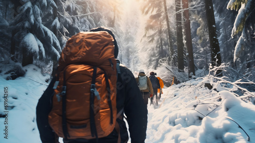Rearview photography of a group of people wearing jackets and backpacks full of camping and mountaineering equipment, walking in snowy winter forest paths, exploring the wilderness adventures