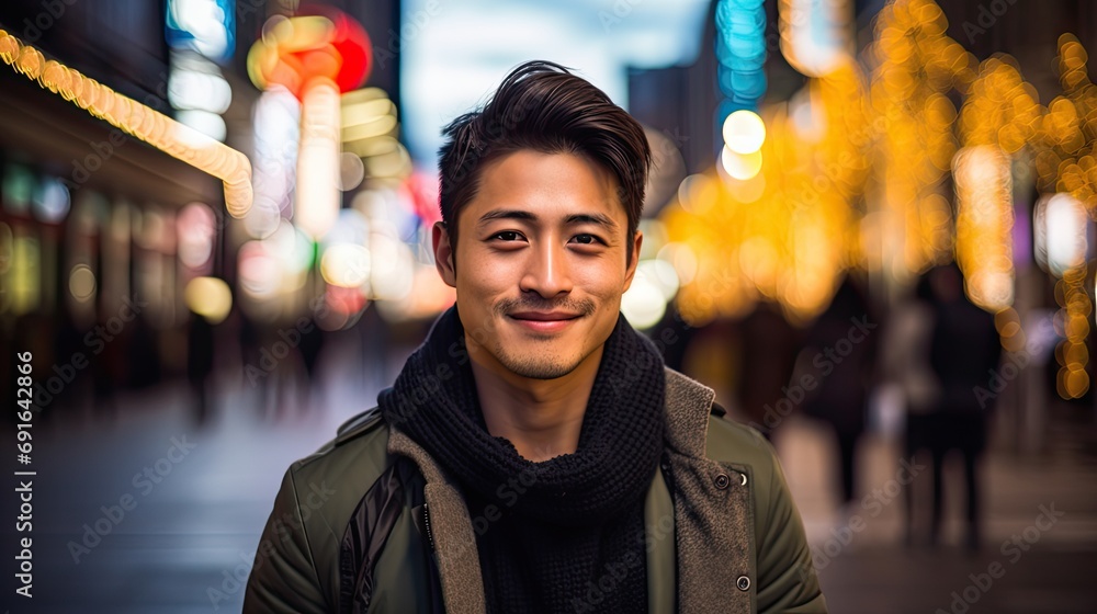 Handsome asian guy bokeh colorful city background