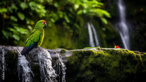 Dominica's volcanic, forested mountains, with a focus on the lush rainforest canopy. The image captures a vibrant Sisserou parrot in flight