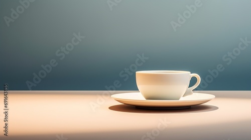  a white coffee cup sitting on top of a white saucer on a saucer on top of a saucer on top of a wooden table with a blue wall in the background. photo