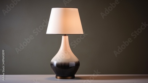  a black and white lamp sitting on top of a table next to a white lamp shade on a white table cloth on a white table cloth covered table cloth with a black background.