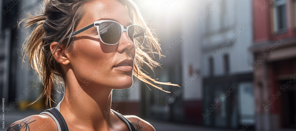 jeune femme blonde sportive avec lunette de soleil à contre jour dans la rue, gros plan dynamique - obrazy, fototapety, plakaty 