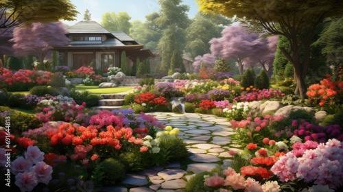  a painting of a garden with a gazebo in the middle of it and flowers all around the perimeter of the area and a stone path leading up to the gazebo.