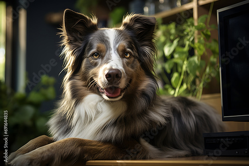 Portrait of australian shepherd dog with open mouth at home, ai generated © ImagineStock