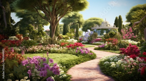  a painting of a garden with flowers, trees, and a white gazebo in the middle of the picture and a path leading to a gazebo in the distance.