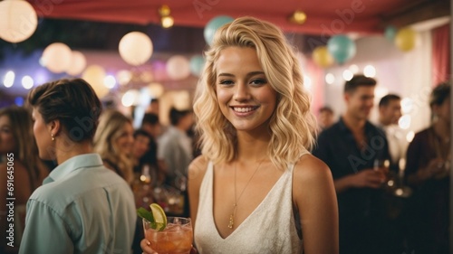 blonde girl smiling at an 18th birthday party holding a cocktail