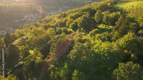 The sun shines on the woods surrounding the village of Besenovo in Serbia photo