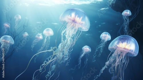  a group of jellyfish swimming in a blue sea with sunlight shining through the water's bubbles and water bubbles on the bottom of the bottom of the water. © Anna