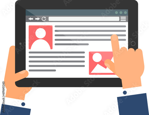 User hand enters data on website of Job Search on portable laptop. Personal Information web page on screen of digital gadget. Simple flat vector isolated on white background