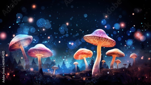  a painting of a group of mushrooms in a forest at night with stars in the sky and stars in the sky above the mushrooms are floating in the air and on the ground.