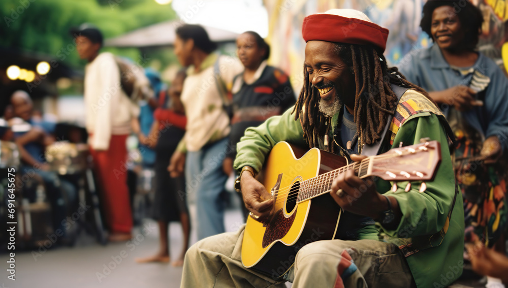 Naklejka premium An adult Black man with dreadlocks in a red hat plays an acoustic guitar at a street music event.