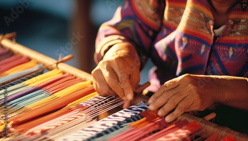An elderly woman in a bright sweater weaving traditional textiles on a wooden loom, focus on hands and fabric.